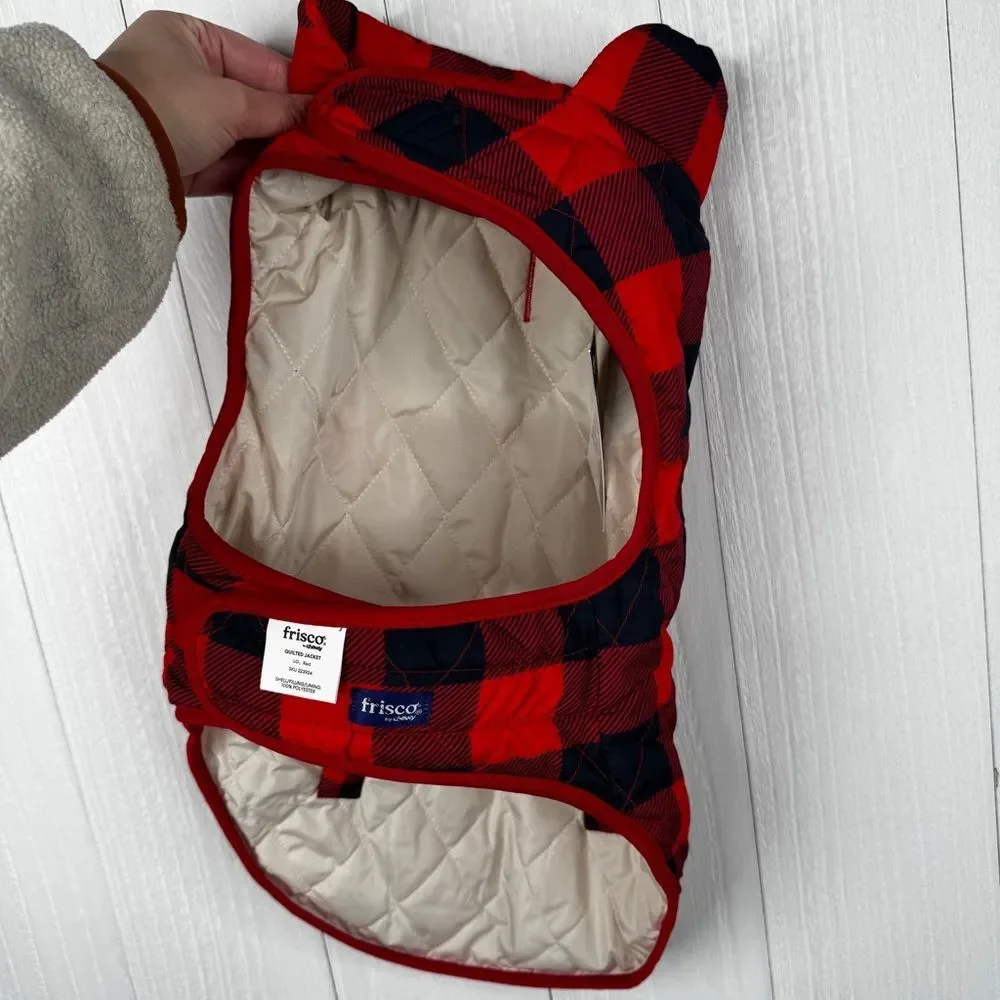 Frisco by Chewy Lightweight Quilted Dog Jacket in red and black buffalo plaid